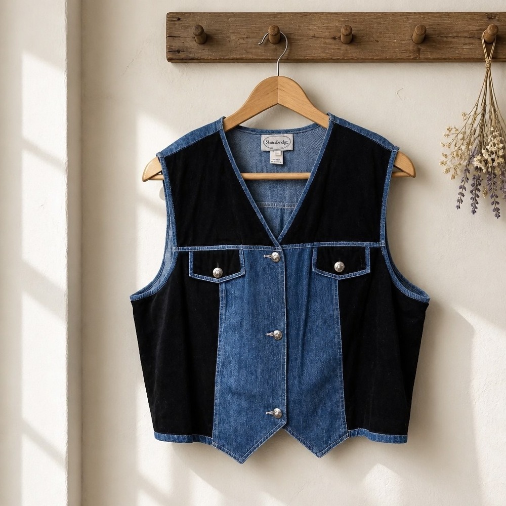 Vtg 90s Stonebridge Denim Velvet Western Vest Plus Size 3XL Whimsigoth Cowgirl